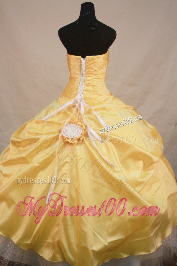 White and Yellow Taffeta Quince Dresses with Flower Corset Back